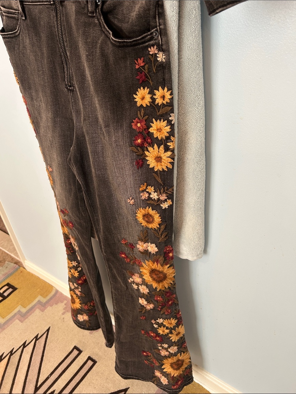Free People Driftwood Black Embroidered Floral Sun Flower Denim Jumpsuit - Picture 8 of 9
